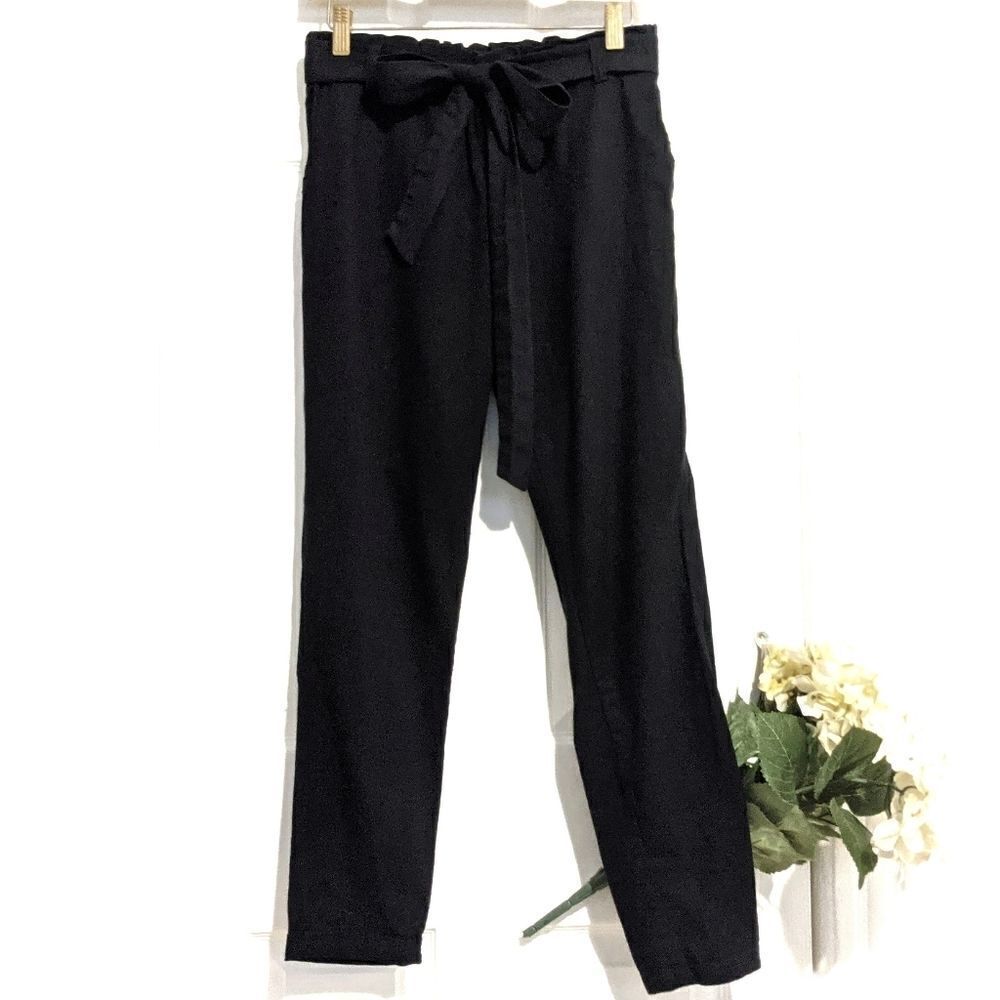 Awesome  Paperbag Black Ankle Pants Slim Legs Cotton Linen Blend